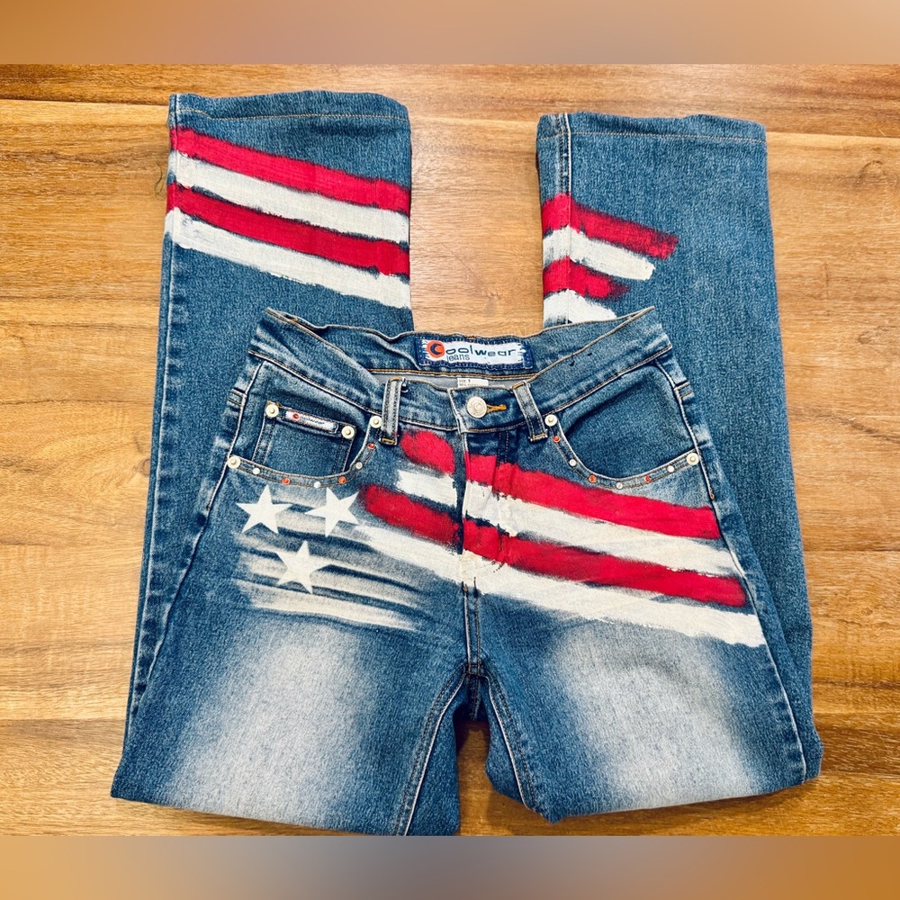 Vintage Early 2000s Cool Wear Blue flare jeans with American flag print size 1 - Picture 3 of 11